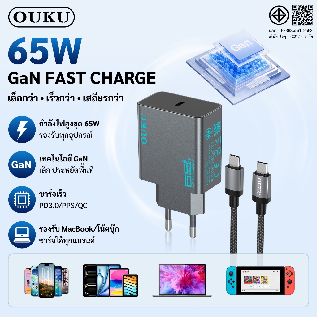 หัวชาร์จ ชุดชาร์จเร็ว OUKU QR13-QC5 รองรับการชาร์จเร็ว 65W MAX Fast Changer ป้องกันการชาร์จเกินอัตโน