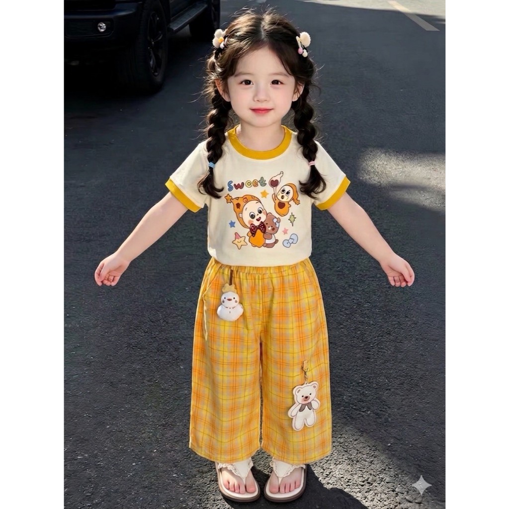ชุดเซ็ต เด็กผู้หญิง ลูกสาว พิมพ์ลายการ์ตูน เสื้อแต่งโบว์ มีตุ๊กตา น่ารักมากก