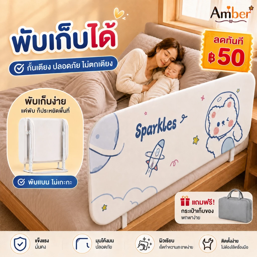 ที่กั้นเตียง ที่กั้นเตียงเด็ก พับเก็บได้ ไม่ต้องประกอบ ปลอดภัยจากการขาดอากาศ ลายเพนกวินน่ารัก 0-5ขวบ