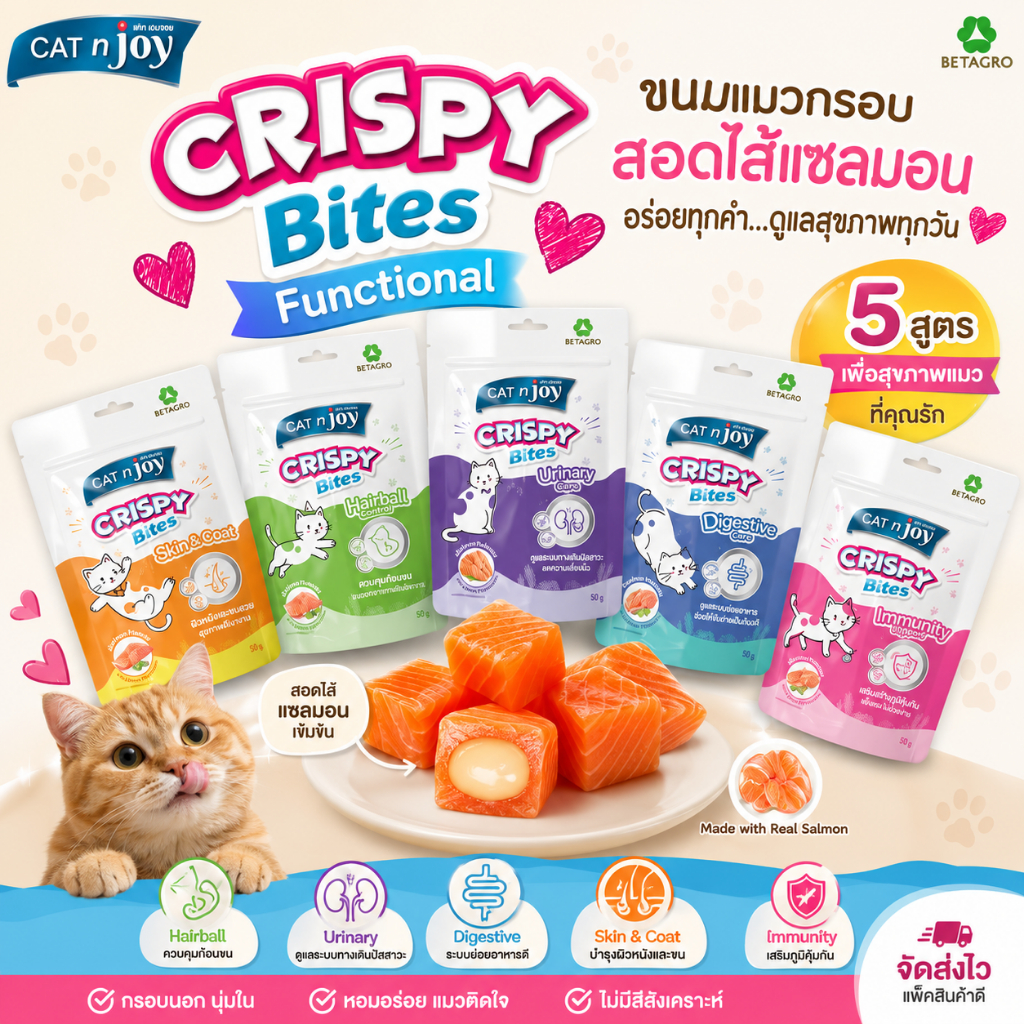 CAT n joy Crispy Bite Functional ขนมแมวเสริมวิตามิน โปรตีน32% ขนาด 50 g