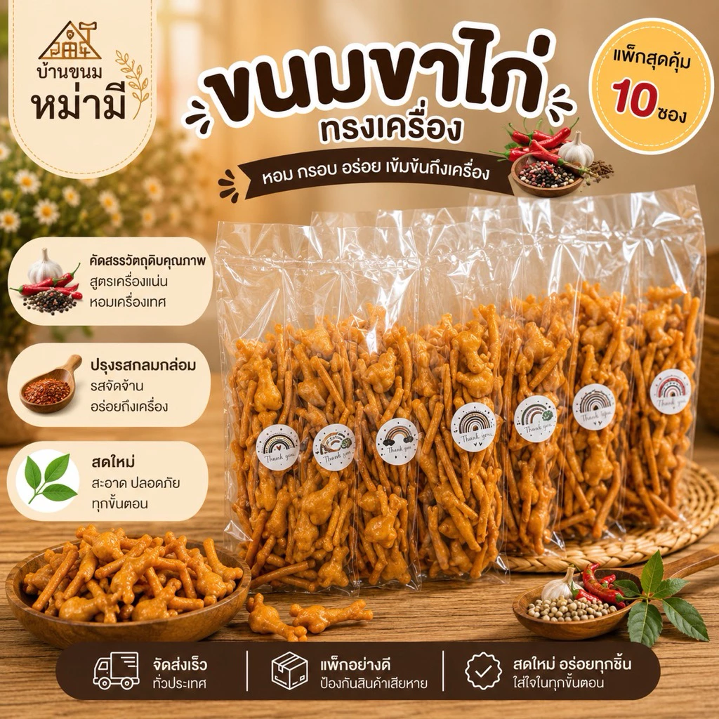 ขนมขาไก่ทรงเครื่อง แพ็ค 10 ซอง (รสบาบีคิว)