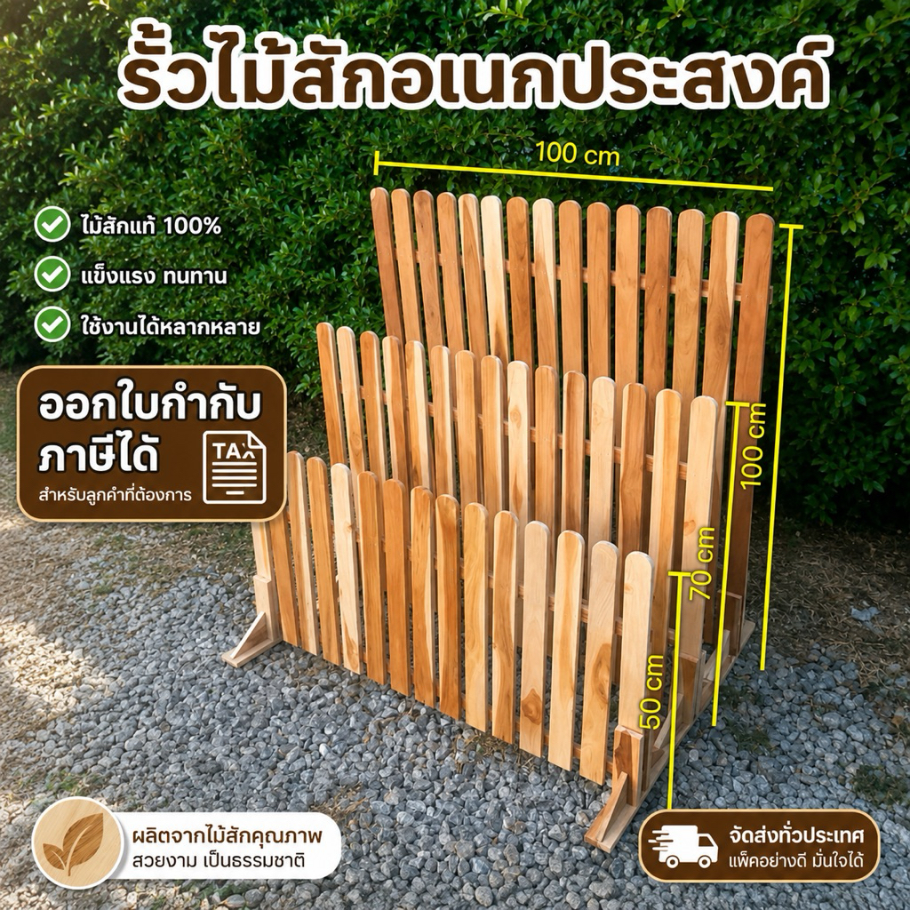 รั้วแผงไม้สักแท้ ไม้คัดเกรด ระแนงรั้วกั้นบ้าน กั้นสวน แต่งสวน ขนาดกว้าง 100 cm