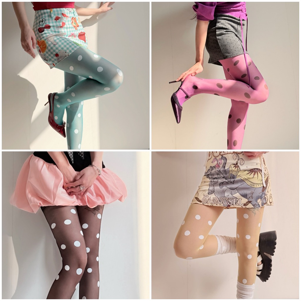 ถุงน่อง y2k ถุงน่องลายจุด polka dot สไตล์เกาหลี