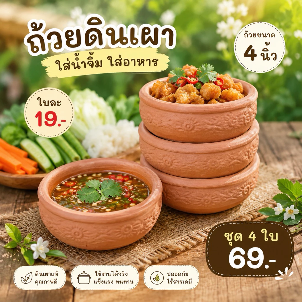 ถ้วยดินเผา ถ้วยน้ำจิ้ม ถ้วยของเด็กเล่น ใส่อาหารทานได้ 4 นิ้ว