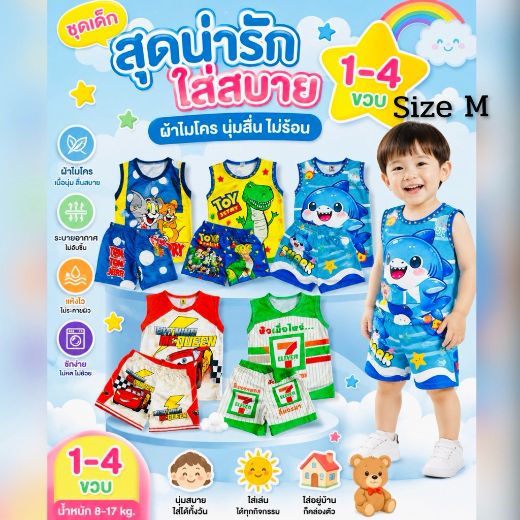 ชุดเด็กสกรีนสองด้าน Size M น้อง 1-4 ขวบ งานผ้ามัน สกรีนสองด้าน เสื้อพร้อมกางเกง