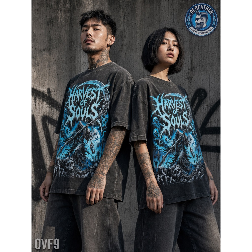 OLDFATHER เสื้อฟอกวินเทจ ทรง Oversize ลายดาร์กยมทูต Harvest of Souls ผ้าคอตตอน 100%  [ รหัสสินค้า OV