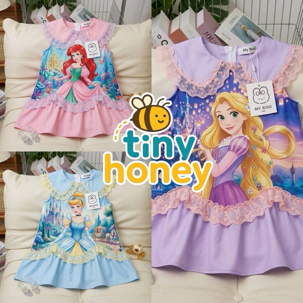เดรสเจ้าหญิง ผ้าไม่ยืด แต่งลูกไม้ พิพม์ลาย สวยมากๆ   พร้อมส่ง (B00084)