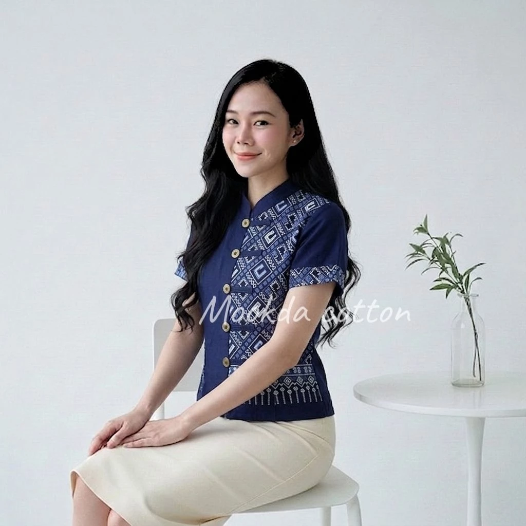 🛒เสื้อผ้าฝ้ายคอจีนทูโทนลายขอ และลายวชิรภักดิ์ กระดุมเหรียญ หญิง🛒