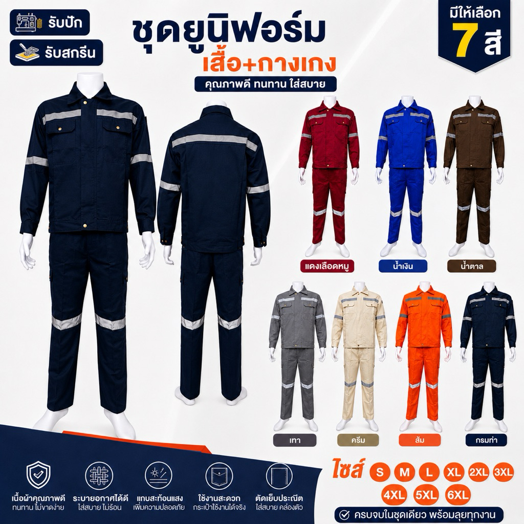 (พร้อมส่ง)ชุดช็อปช่าง แขนยาว(เสื้อ+กางเกง6กระเป๋า) เนื้อผ้าโพลีเอสเตอร์ผสมฝ้ายกันสะเก็ดไฟได้ มีแถบสะท้อนแสง (S-6XL)