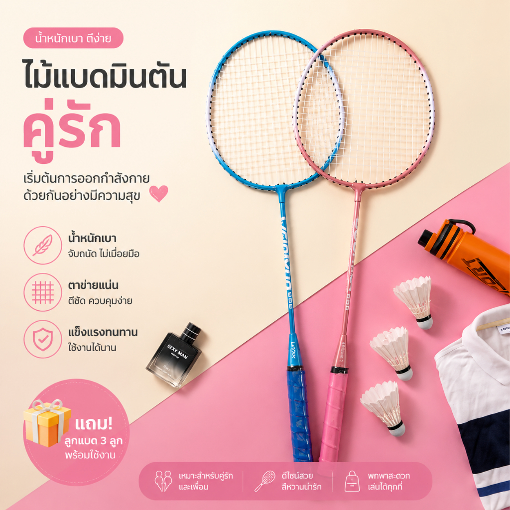 ไม้แบดมินตัน 1 คู่ กระเป๋าแบดมินตัน 3 ใบ และยางแร็กเกต แร็กเกตคุณภาพสูง แร็กเก็ตเริ่มต้นเด็ก ไม้แบดมินตัน อุปกรณ์กีฬา