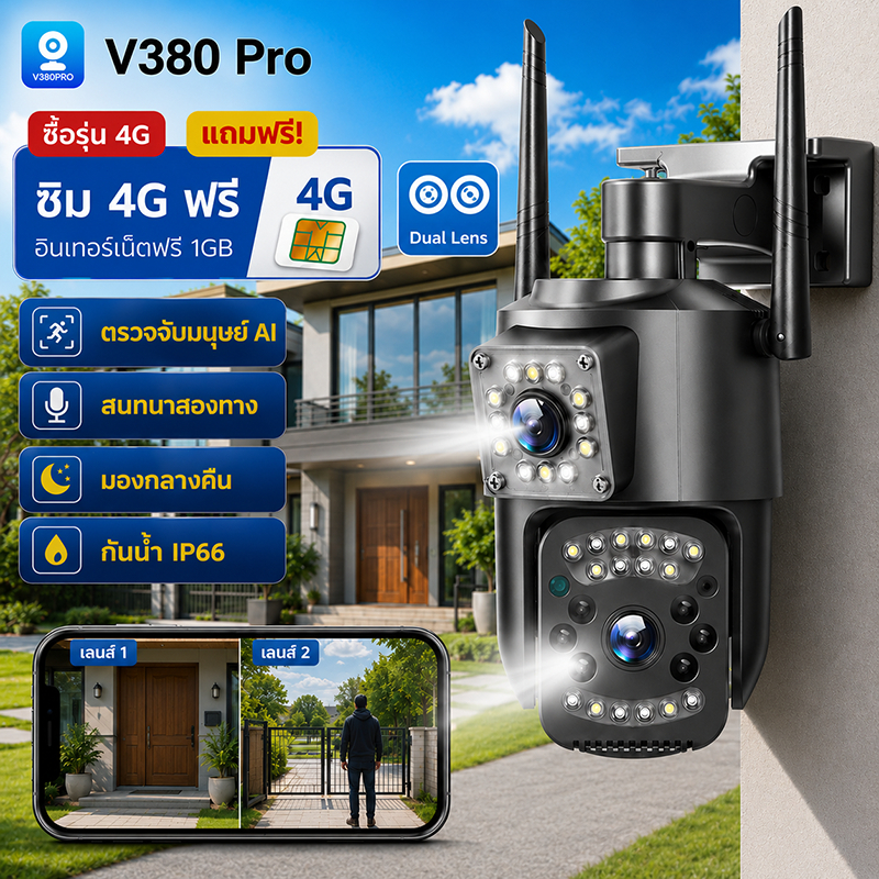 V380 Pro กล้องวงจรปิดภายนอกเลนส์คู่ มี 2 รุ่น เลือกใช้ 4G หรือ WiFi 8MP 4K HD หมุน PTZ 355° AI ตรวจจับคน ดูผ่านมือถือ