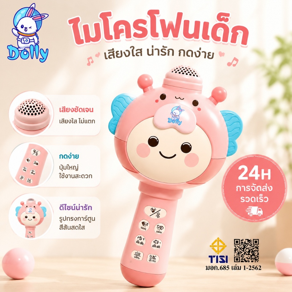Dolly ไมโครโฟนเด็ก  ไมโครโฟนไร้สาย ไมค์ร้องเพลงเด็กไมโครโฟนของเล่น ไมค์พร้อมลำโพงในตัว เชื่อมต่อบลูทูธได้