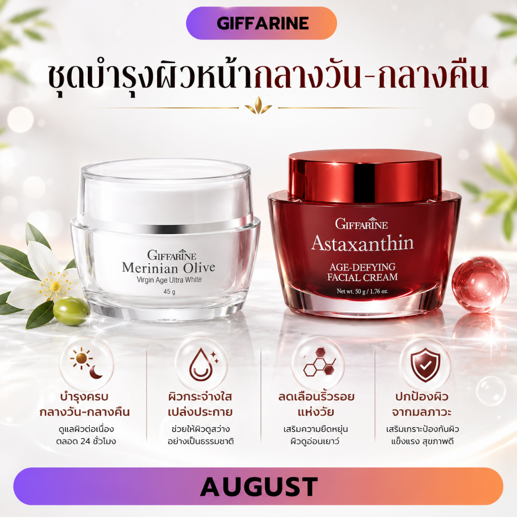 ชุดบำรุงผิวหน้ากลางวัน กลางคืน กิฟฟารีน ครีมน้ำมันมะกอก แอสตาแซนธินครีม สูตรเข้มข้นพิเศษ