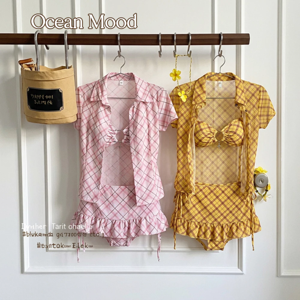 Ocean Mood | Bikini sexy ชุดว่ายน้ำ 4 ชิ้น เสื้อคลุม+บิกินี่ ลายสก๊อต สไตล์วินเทจ พร้อมส่งด่วน