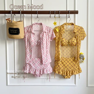 Ocean Mood | Bikini sexy ชุดว่ายน้ำ 4 ชิ้น เสื้อคลุม+บิกินี่ ลายสก๊อต สไตล์วินเทจ พร้อมส่งด่วน