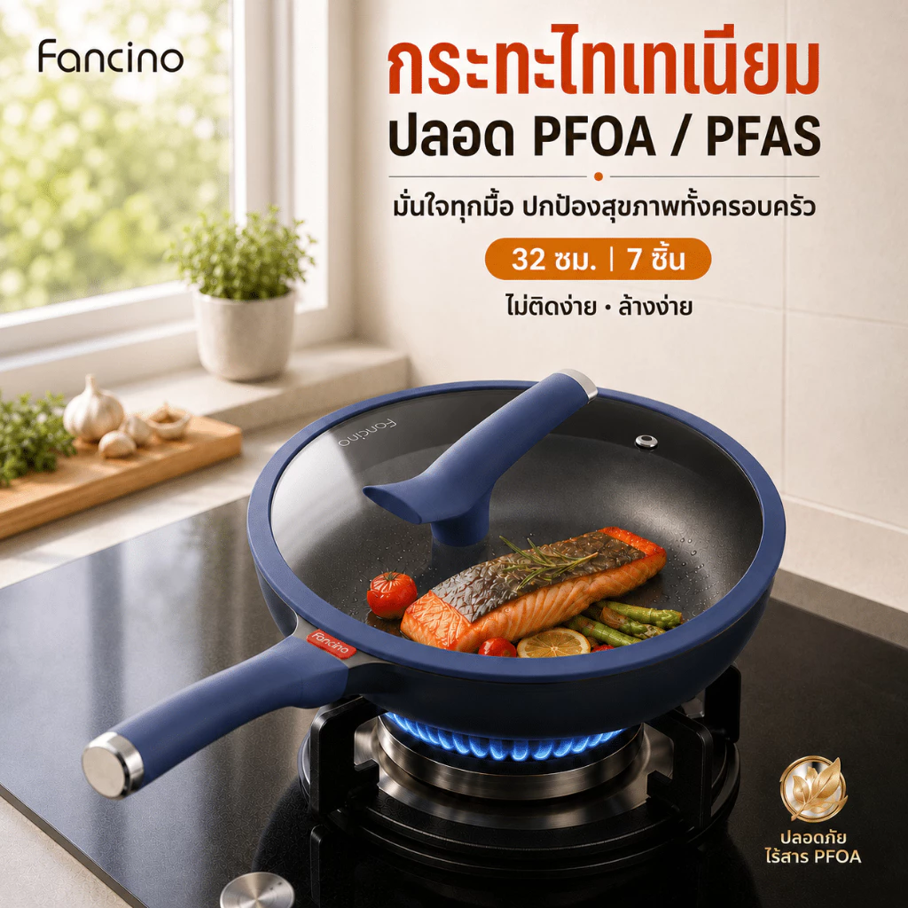 Fancino กระทะไทเทเนียม 32ซม รับประกันไม่ติดกระทะ คืนเงินหากกระทะติด ใช้ได้กับเตาทุกชนิด ปราศจาก PFOA PFAS มีฝา
