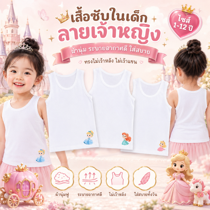 เสื้อซับในเด็ก เสื้อกล้ามเด็กลาย เจ้าหญิง นุ่มระบายอากาศได้ดี ไซส์ 1-12ปี #เสื้อกล้าม
