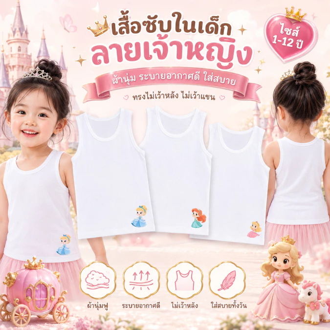 เสื้อซับในเด็ก เสื้อกล้ามเด็กลาย เจ้าหญิง นุ่มระบายอากาศได้ดี ไซส์ 1-12ปี #เสื้อกล้าม