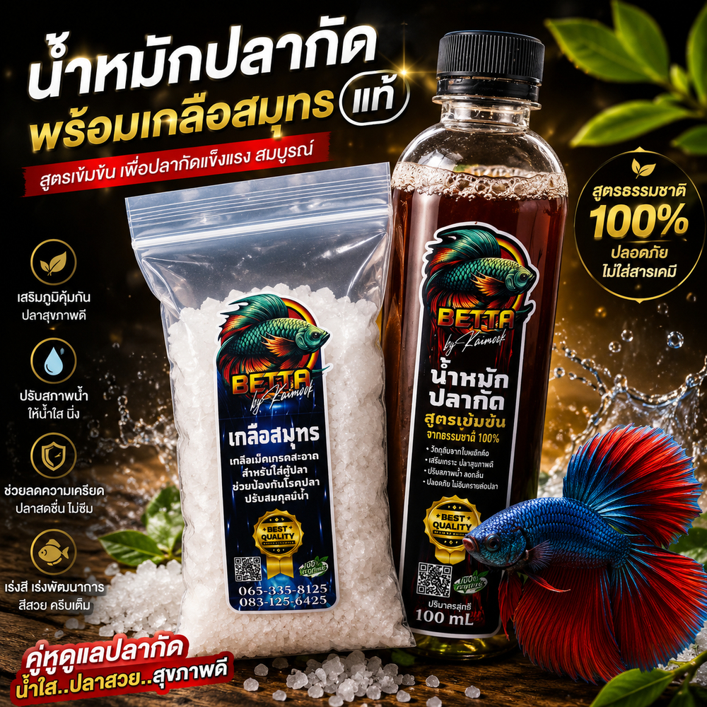 Betta ชุดสุดคุ้ม เกลือสมุทรพร้อมน้ำหมักปลากัด