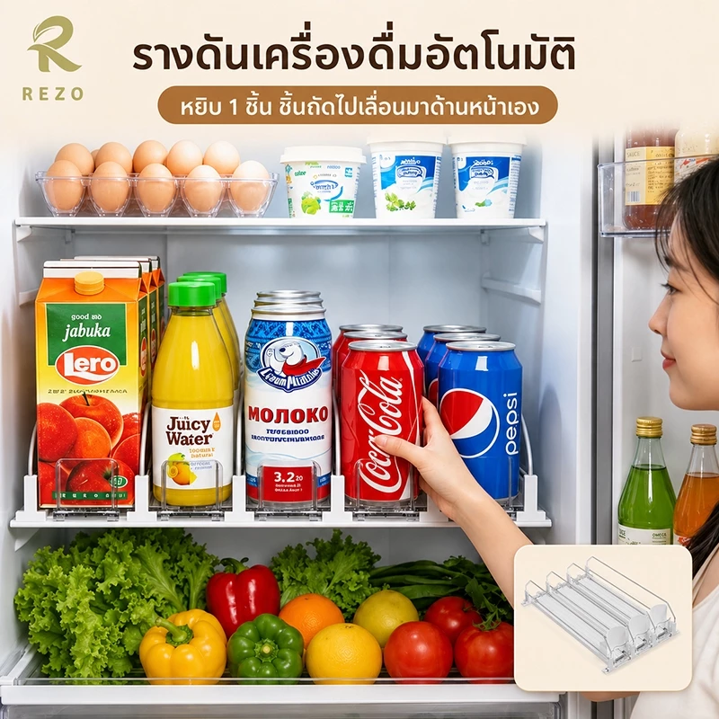 ชั้นวางเบียร์และเครื่องดื่มในตู้เย็น ชั้นวางแบบเติมอัตโนมัติในตู้เย็น ปรับความกว้างได้