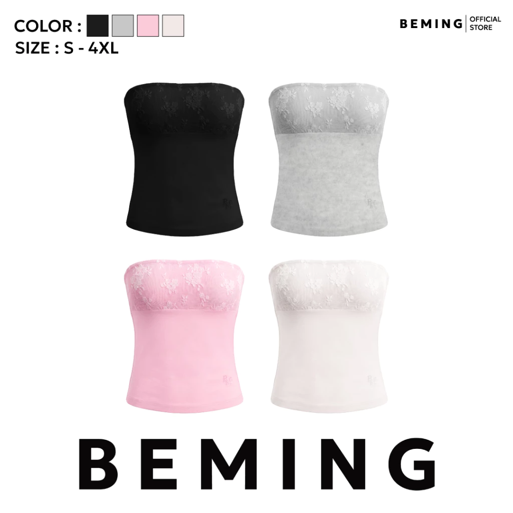 Bemingtop1259(S-4XL)-Tube Top - เกาะอกดีไซน์เรียบแต่งผ้าลูกไม้บริเวณช่วงอก
