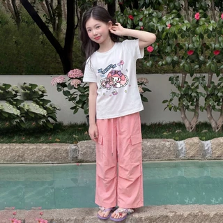 เสื้อผ้าเด็กผญ ชุดเด็กผู้หญิง เสื้อแขนสั้น + กางเกงขาบาน ผ้าเกรดพรีเมี่ยม ผ้าคอตตอนเด้ง ซีรีส์ซานริโอ
