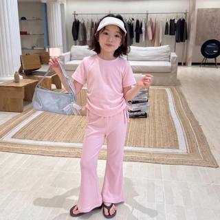 ชุดเซ็ตเสื้อ+กางเกง ผ้าฝ้าย สีเรียบ สไตล์เกาหลี ชุดเดรส ชุดเซ็ตแฟชั่นเด็กหญิง