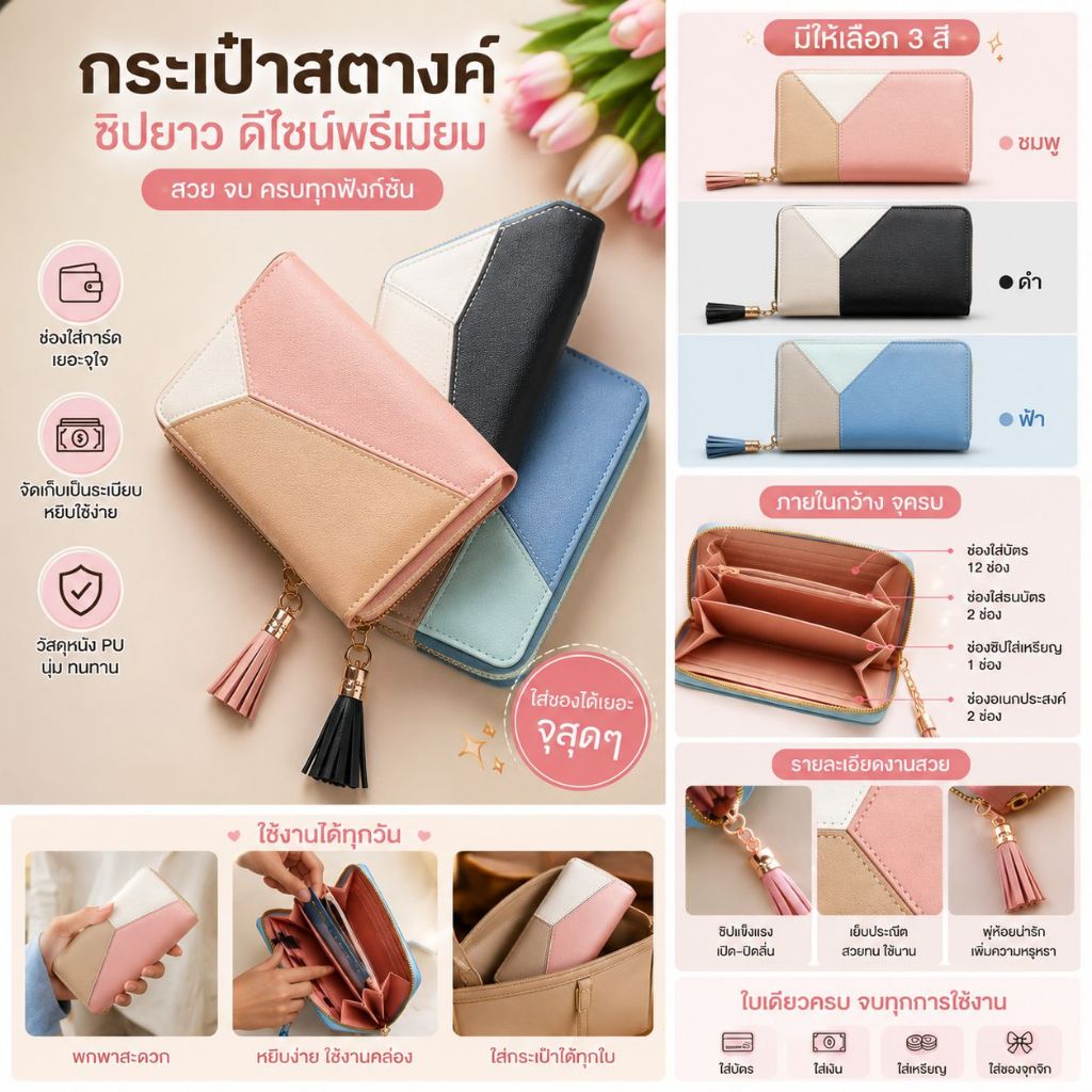 ✨🇹🇭พร้อมส่งในไทย✨🇹🇭กระเป๋าสตางค์ใบยาว/สั้นสีพาสเทล สีฟ้า/ชมพู/ดำ   มีพู่น่ารักๆและสายคล้อง พร้อมส่งง