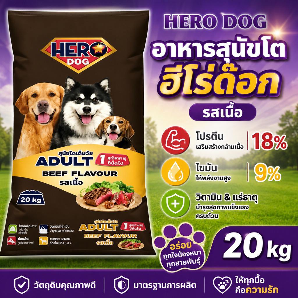 อาหารสุนัขโต ฮีโร่ด๊อก รสเนื้อ โปรตีน18% 20kg