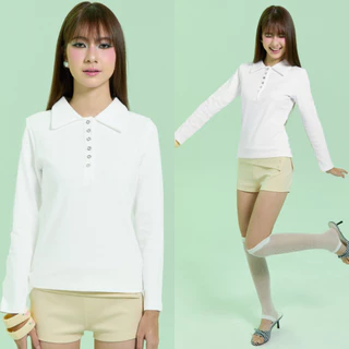 Bemingtop1222(S-4XL)-Podi Top - เสื้อแขนยาวดีไซน์คอปกคลาสสิกตกแต่งกระดุมหน้าและปักโลโก้ BMG