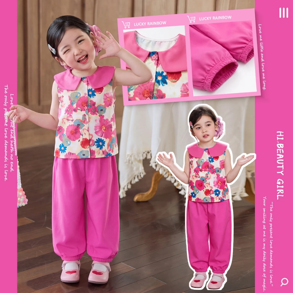 สำหรับเด็กหญิง ชุดฤดูร้อน ชุดสูทดอกไใหม่ เสื้อ+กางเกง ชุดเซ็ท2ชิ้น น่ารักสดใส เหมาะกับเด็กผู้หญิง 1-9 ป