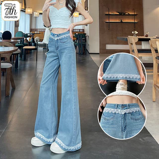 S-5XL กางเกงยีนส์ทรง Straight สีฟ้าอ่อนเอวสูงสำหรับผู้หญิง ลายลูกไม้ รุ่นเกาหลี ทันสมัย ใส่ได้หลายสไตล์