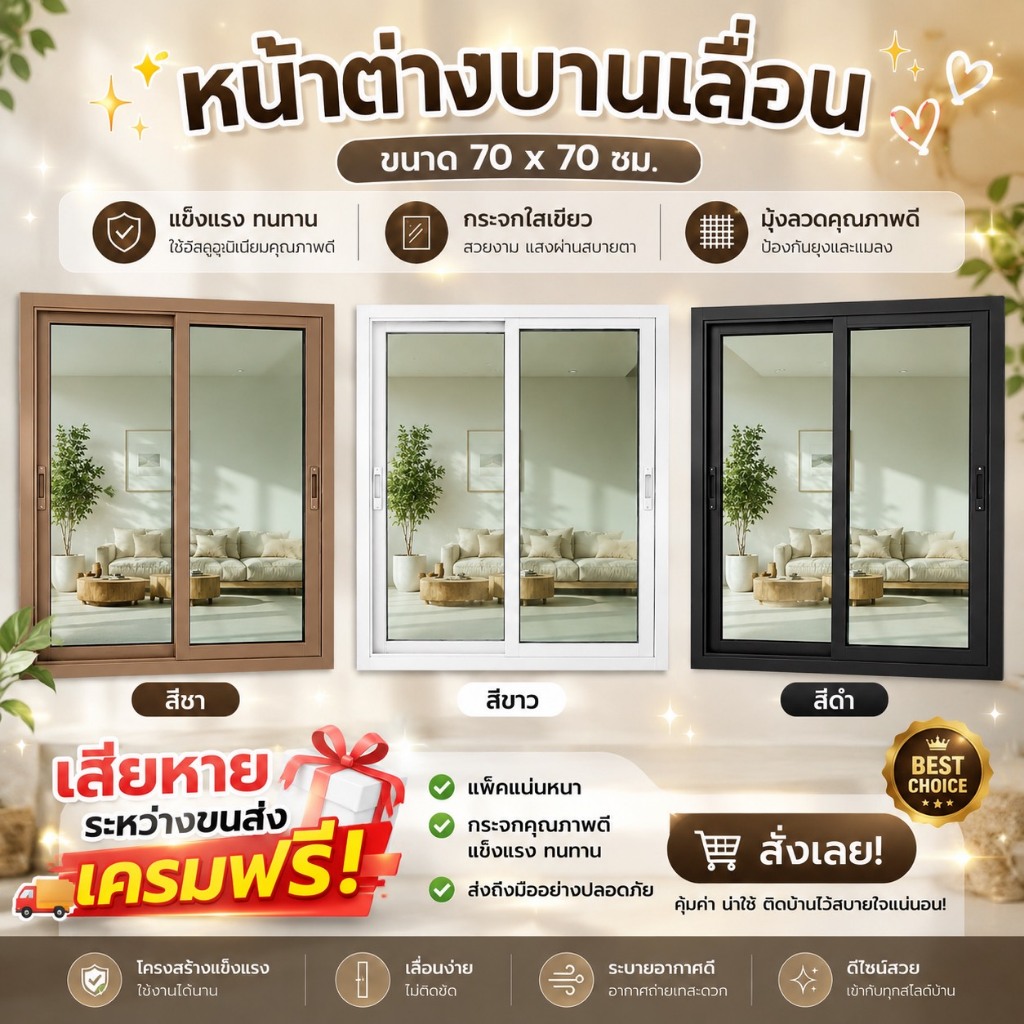 หน้าต่างสำเร็จรูป ขนาด 70x70 ซม.หน้าต่างอลูมิเนียมบานเลื่อน พลีออเดอร์รอผลิต1-2วัน