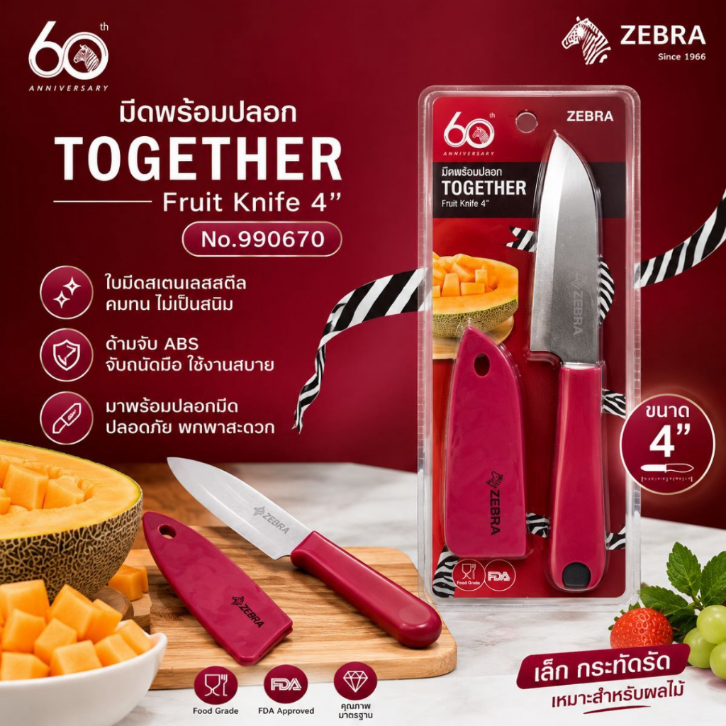 มีดปอกผลไม้ Zebra Together 4 นิ้ว พร้อมปลอกมีด รุ่น 990670  มีดสแตนเลส ด้าม ABS คมทน
