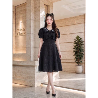 DW394 Britney Dress ชุดเดรสยาวทรงเข้ารูป ผ้าทอเบิร์นเอาท์ (Burnout Fabric) ปกบัวแหลมแต่งระบายรอบปกบนปกปักลายดอกไม้