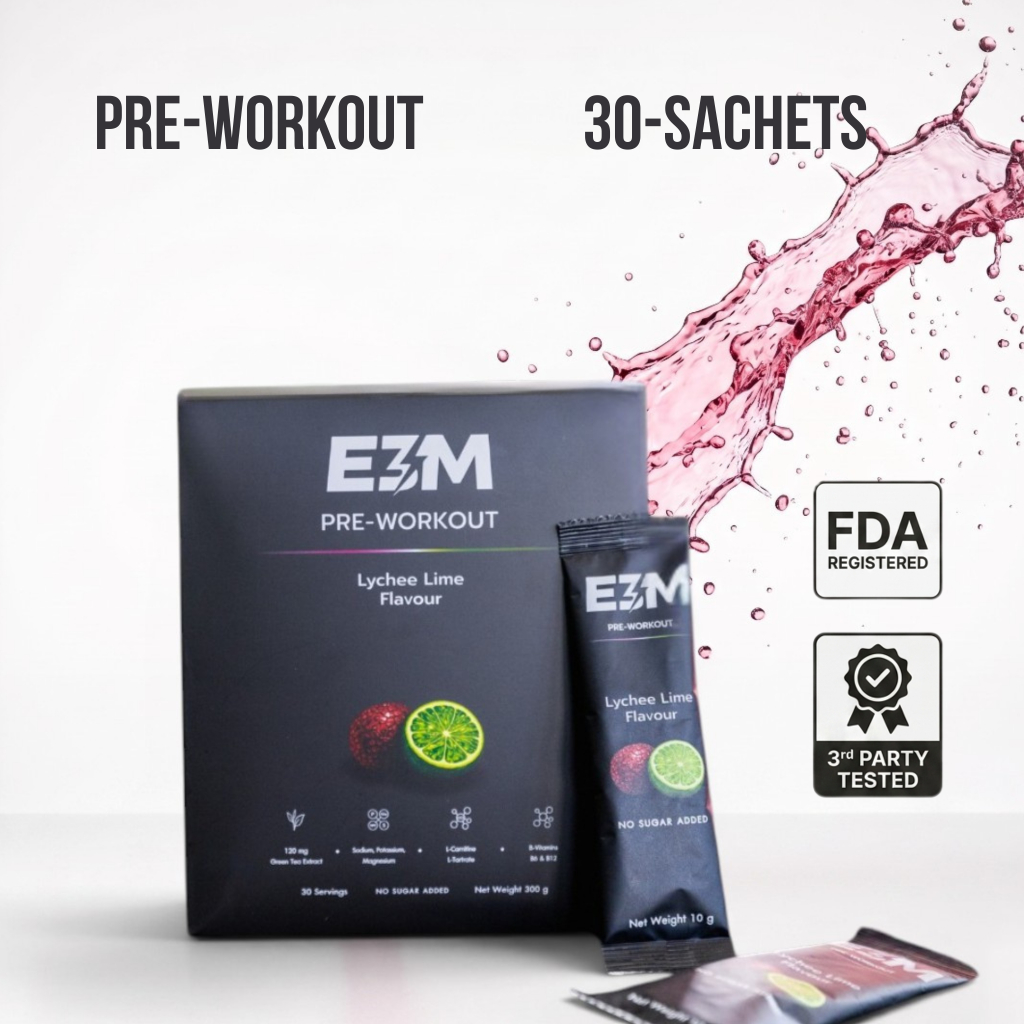 E3M Pre Workout (30 ซอง) พรีเวิร์คเอาท์ผสมเกลือแร่ อิเล็กโทรไลต์ รสลิ้นจี่มะนาว คาเฟอีนธรรมชาติ ไม่เติมน้ำตาล สู้ร้อน