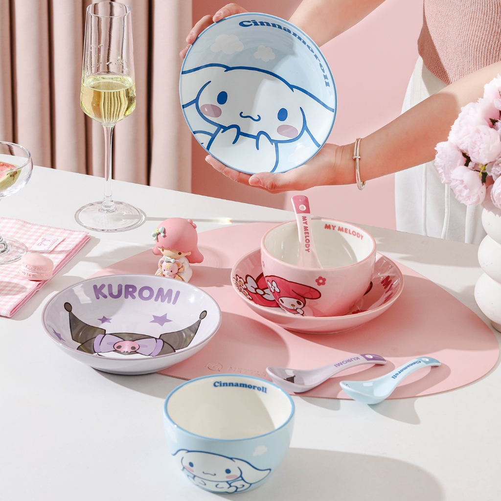 Sanrio ชามเซรามิก จานเซรามิก ชามข้าวสุดน่ารัก เหมาะสำหรับเตาไมโครเวฟ My Melody, Hello Kitty, Kuromi, Cinnamoroll ชามข้าว