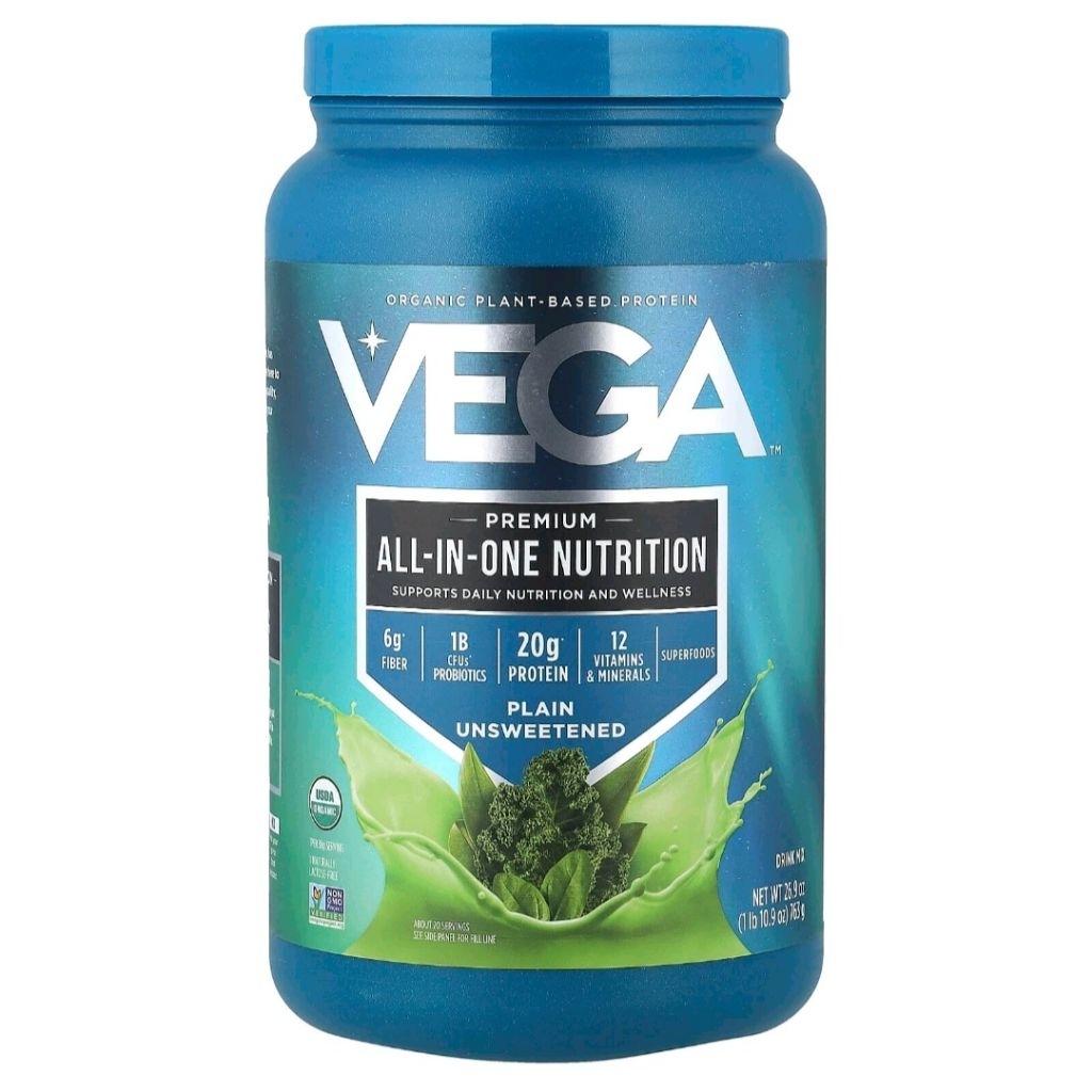 Vega, Organic Plant-Based Protein, Premium All-In-One Nutrition, Plain Unsweetened, 1 lb 10.9 oz (76
