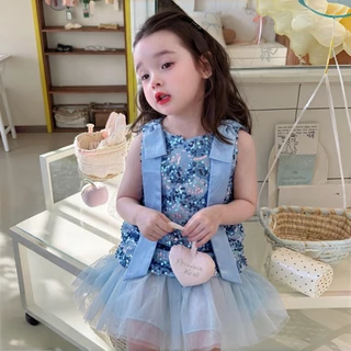 PRINCESS KESLI 1-12ปี ชุดเดรสสีฟ้าสำหรับเด็กผู้หญิง ชุดแขนกุดหางนางเงือกสำหรับเด็กผู้หญิง ชุดเดรสเกาหลีสไตล์ประดับเลื่อม