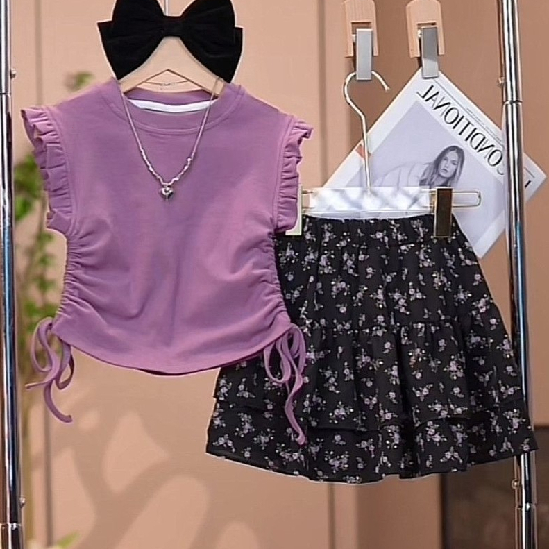 ชุดเสื้อผ้าฤดูร้อนสำหรับเด็กผู้หญิง ปี 2026 สไตล์ใหม่ ทันสมัย ​​ชุดกระโปรงสองชิ้นสำหรับเด็ก