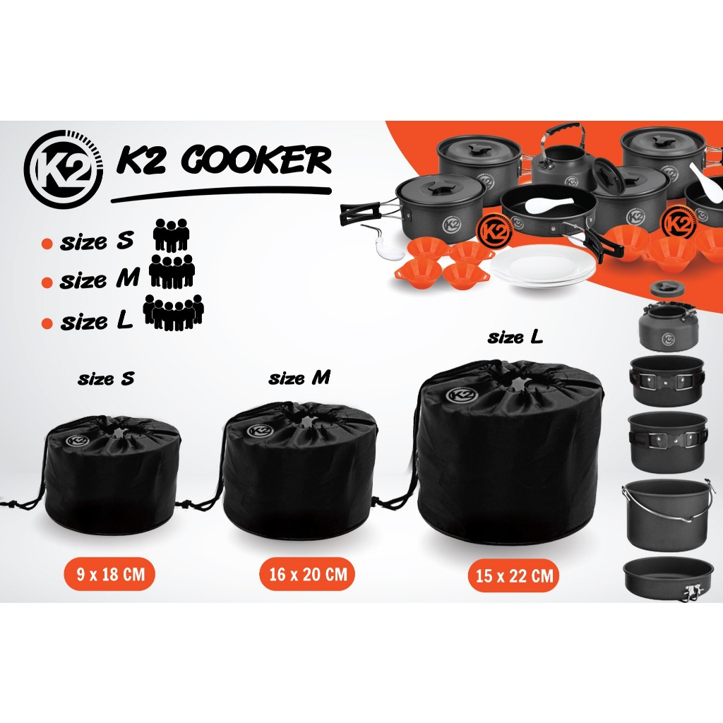 K2 Cooker size S M L ชุดหม้อ K2 ชุดหม้อสนาม ขนาด 1-3 คน, 4 คน, 6 คน by Jeep Camping