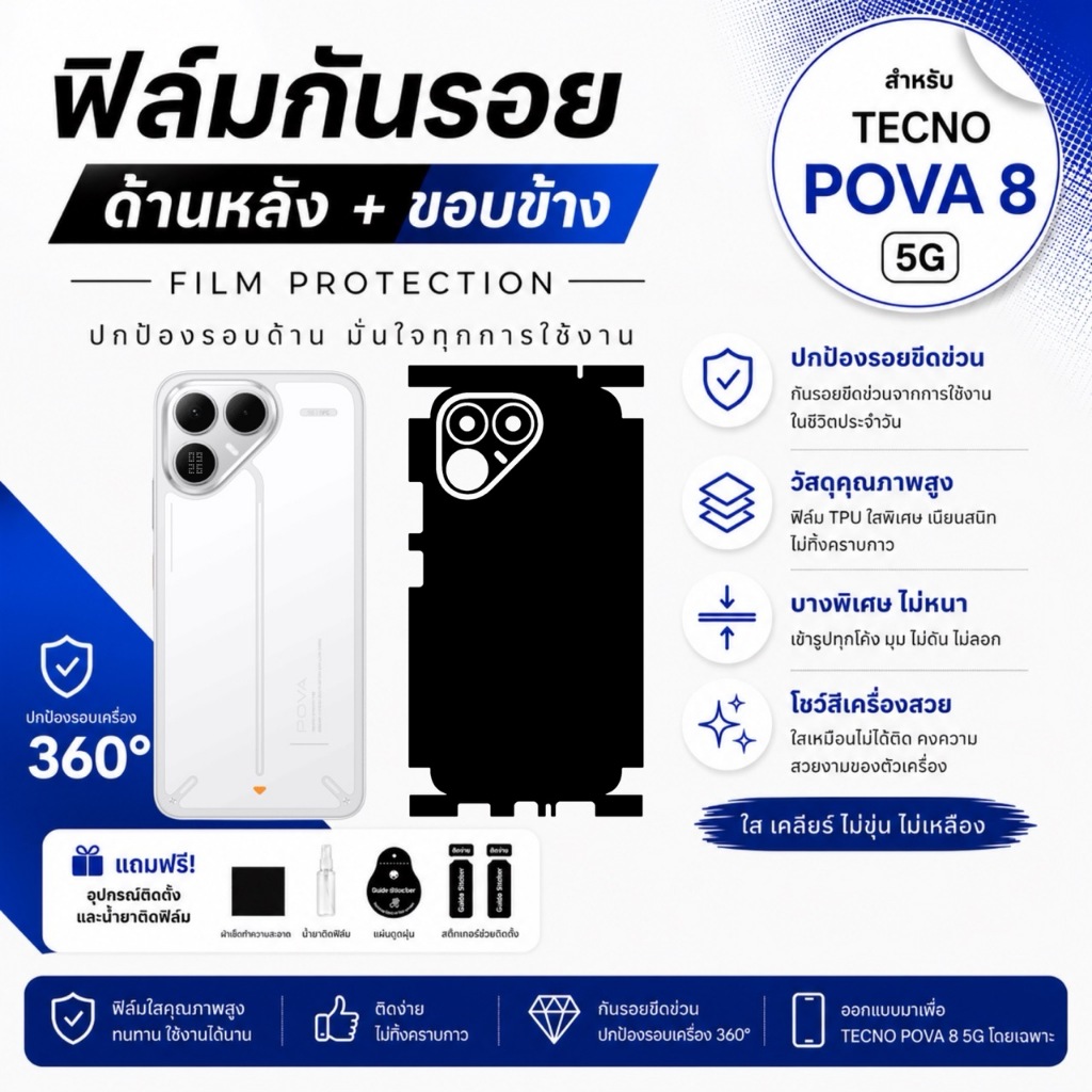 ฟิล์มรอบเครื่อง TECNO POVA 8 5G ลดรอยฝุ่นใต้เคส ราคาขายต่อไม่ตกแน่นอน 1 แถม 1