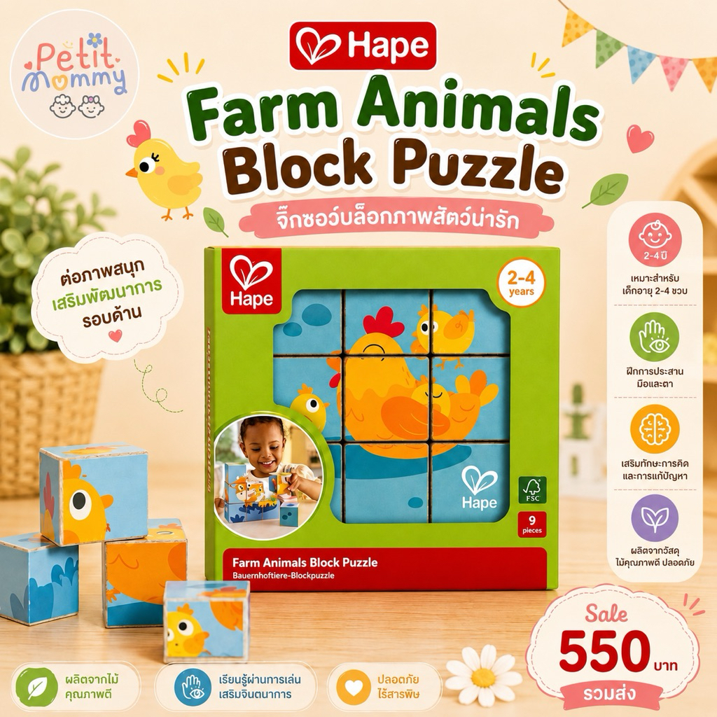 พร้อมส่ง Hape Farm Animals Block Puzzle จิ๊กซอว์บล็อกไม้ภาพสัตว์ฟาร์ม 9 ชิ้น สำหรับเด็ก 2–4 ปี | สิน