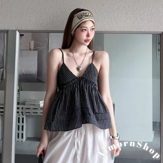 🔥aimorn_shop🔥 เสื้อสายเดี่ยว ลายริ้วสวยเก๋มาก ปรับสายได้ งานสายเดี่ยวระบาย ด้านหลังเป็นสม็อค