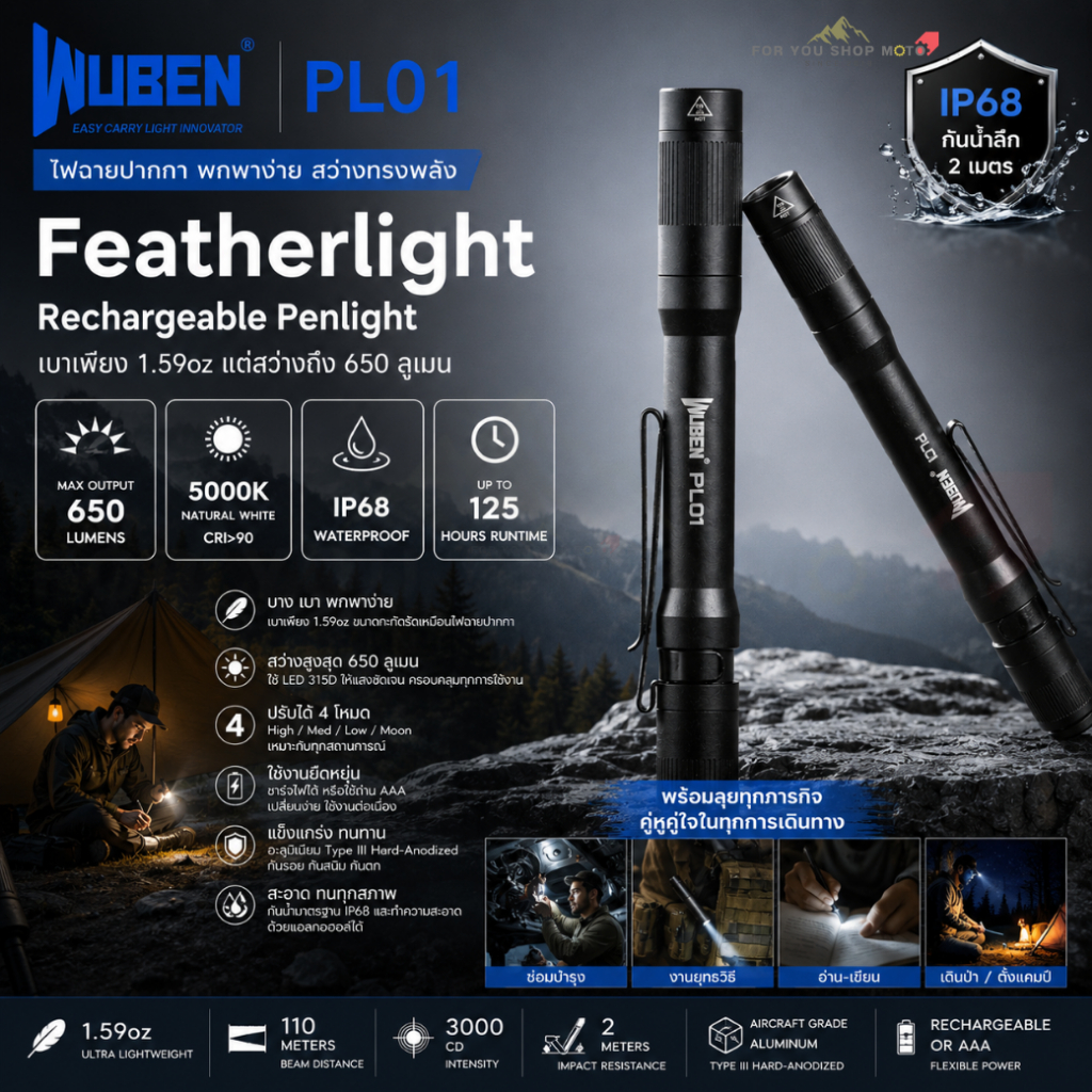 WUBEN PL01 ไฟฉายปากกา LED ชาร์จไฟได้ 650 ลูเมน 5000K CRI>90 กันน้ำ IP68 พกพา EDC