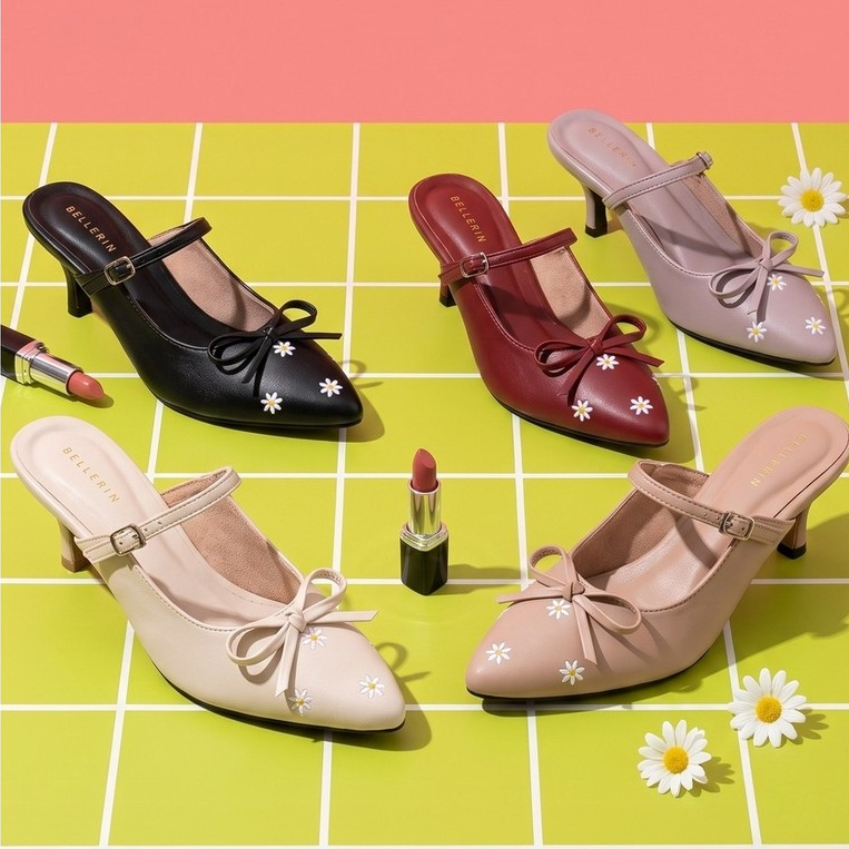 HaloBangkok รองเท้า High Heel หนัง PU Leather ดีไซน์งานปัก รุ่น LA49011
