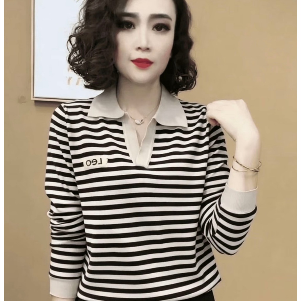 เสื้อโปโลแขนยาวสำหรับผู้หญิง: เสื้อฤดูใบไม้ร่วงที่ดูหรูหรา ทันสมัย ​​และเก๋ไก๋ โดดเด่นด้วยลายทางตัดกัน—สวยงาม ใช้งานได้ห