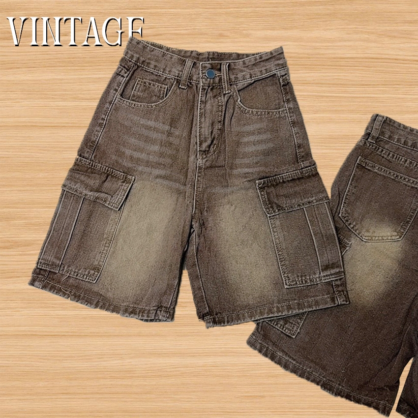 Vintage รุ่น A01 กางเกงยีนส์ ขาสั้น สีน้ำตาล คาร์โก้ แต่งเฟดขา ทรงสวย ผ้าไม่ยืด กระเป๋าตรง 2 ใบ