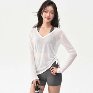 FitYoga เสื้อกีฬาออกกำลังกายหลวม ๆ ของผู้หญิง เสื้อระบายอากาศบาง ๆ โยคะ แขนยาว การฝึกพิลาทิส เสื้อโยคะ