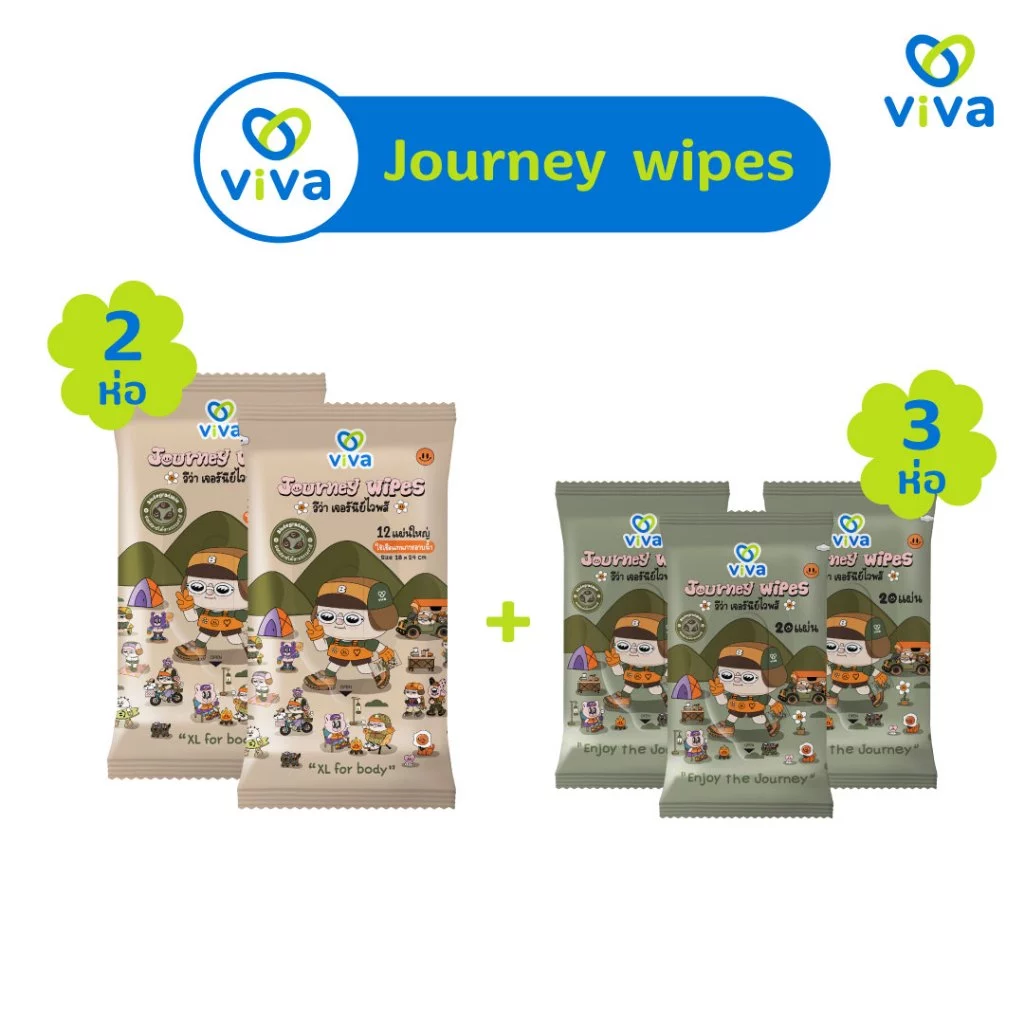 ViVa Journey Wipes วีว่า ทิชชู่เปียก ใช้แทนการอาบน้ำ ขนาดใหญ่ (2 ห่อ) + ขนาด 20แผ่น (3 ห่อ )